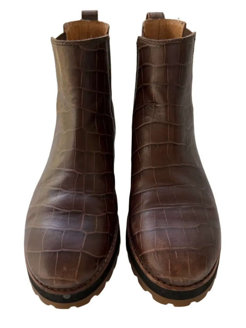 Madewell Ivy Chelsea Croc Embossed Brown Leather Lugsole Ankle Boots Size 7